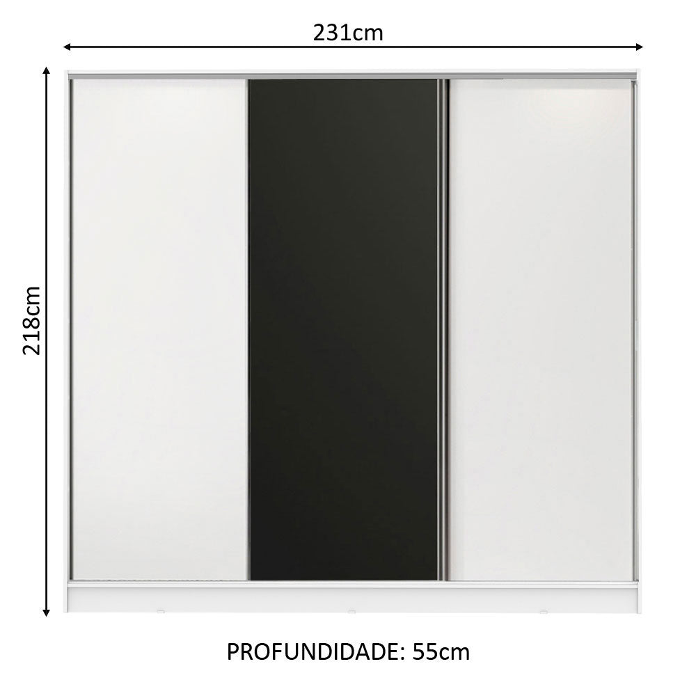 Guarda-Roupa Casal 100% MDF Madesa Royale 3 Portas de Correr Branco/Branco/Preto