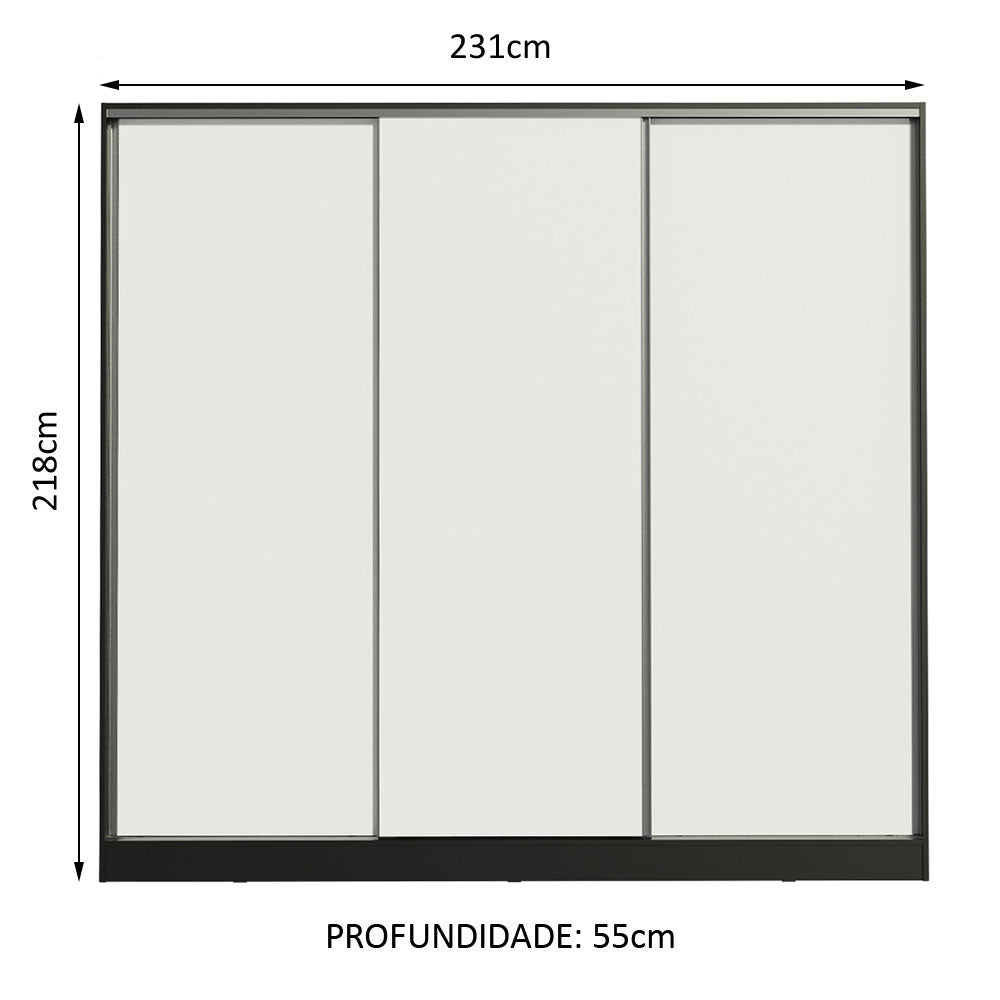 Guarda-Roupa Casal 100% MDF Madesa Royale 3 Portas de Correr Preto/Branco