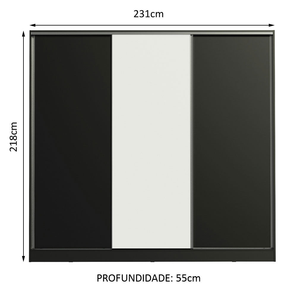 Guarda-Roupa Casal 100% MDF Madesa Royale 3 Portas de Correr Preto/Preto/Branco