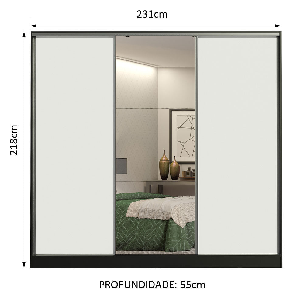 Guarda-Roupa Casal 100% MDF Madesa Royale 3 Portas de Correr com Espelho Preto/Branco