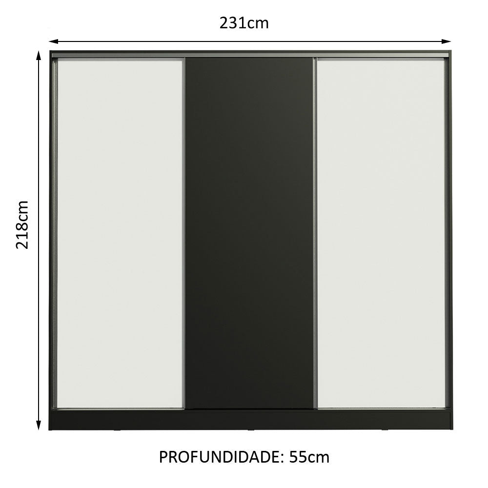 Guarda-Roupa Casal 100% MDF Madesa Royale 3 Portas de Correr Preto/Branco/Preto
