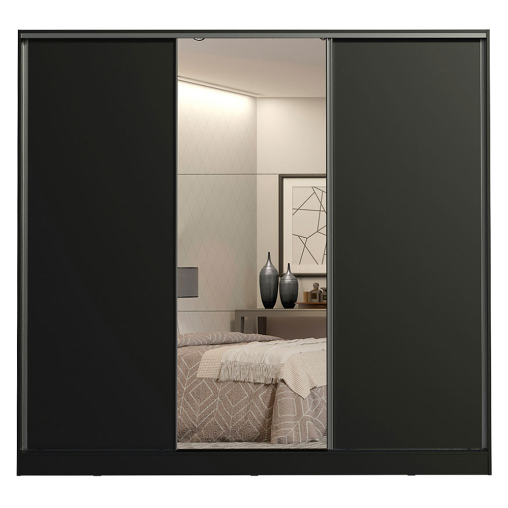 Guarda-Roupa Casal 100% MDF 3 Portas de Correr com Espelho Preto Royale Madesa
