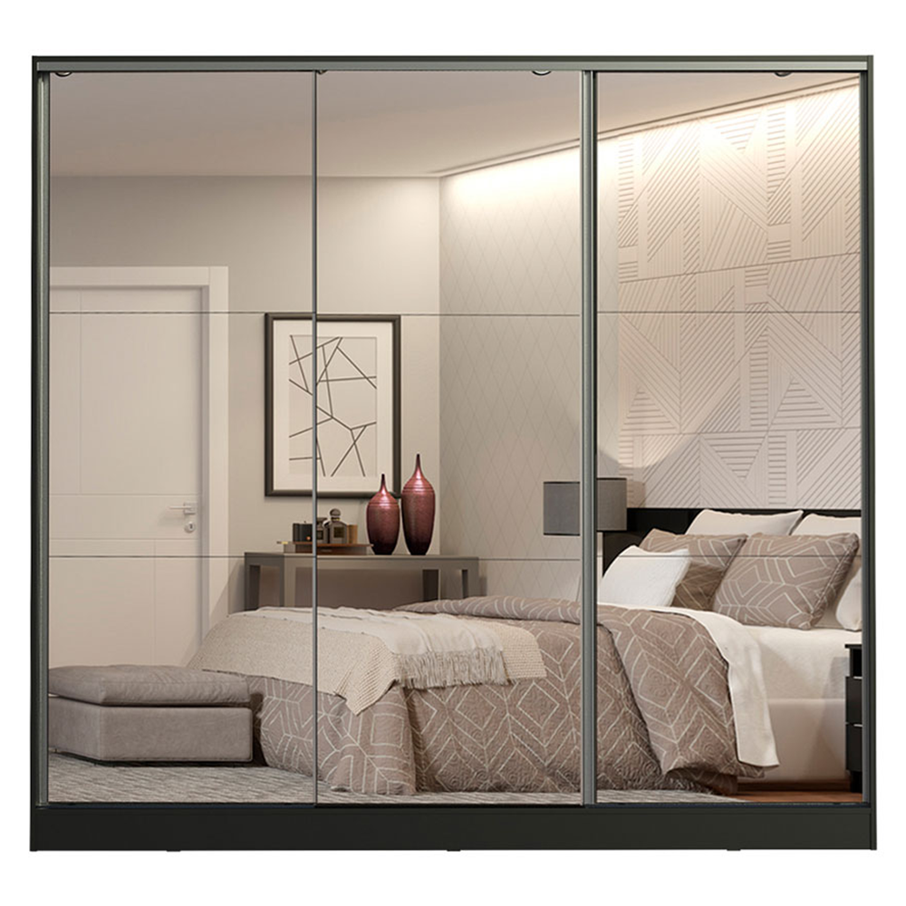Guarda-Roupa Casal 100% MDF 3 Portas de Correr de Espelho Preto Madesa Royale
