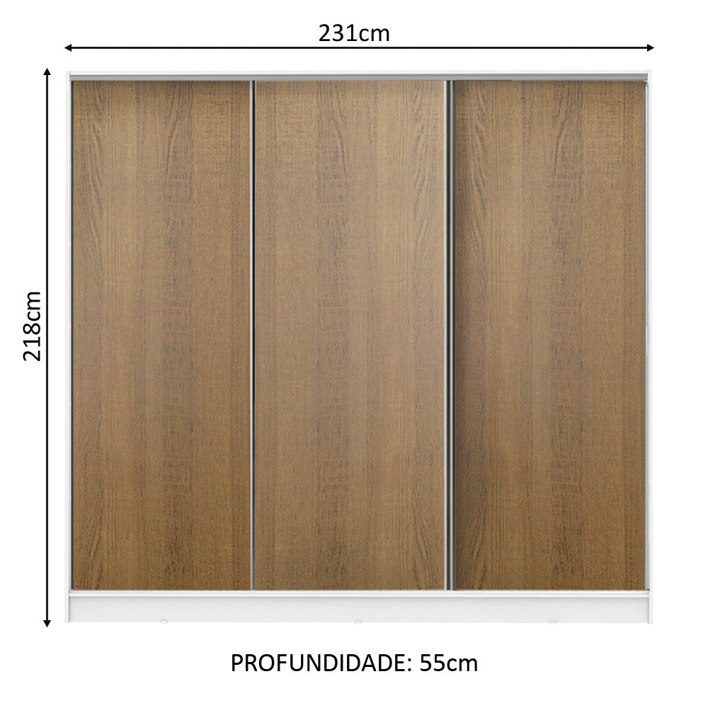 Guarda-Roupa Casal 100% MDF Madesa Royale 3 Portas de Correr Branco/Rustic