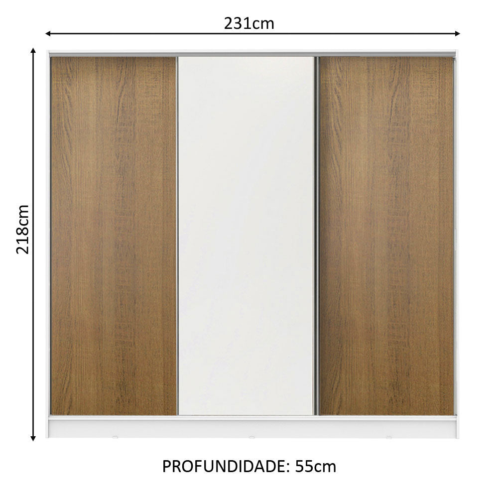 Guarda-Roupa Casal 100% MDF Madesa Royale 3 Portas de Correr Branco/Rustic/Branco