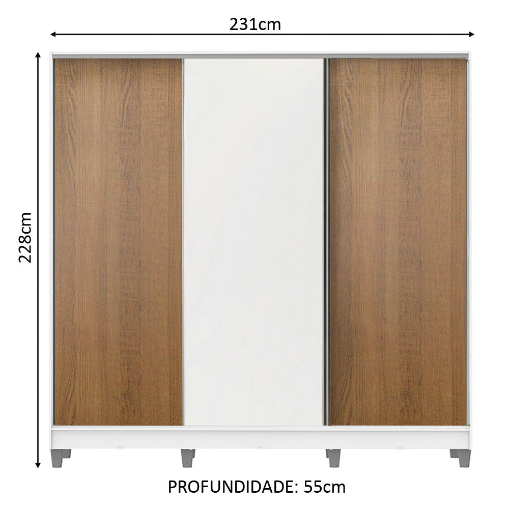 Guarda-Roupa Casal 100% MDF Madesa Royale 3 Portas de Correr com Pés Branco/Rustic/Branco