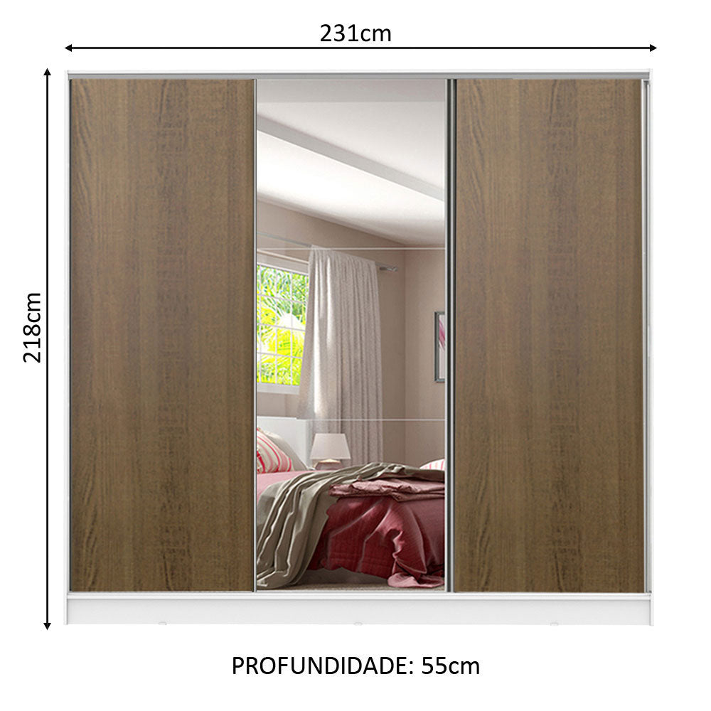 Guarda-Roupa Casal 100% MDF Madesa Royale 3 Portas de Correr com Espelho Branco/Rustic