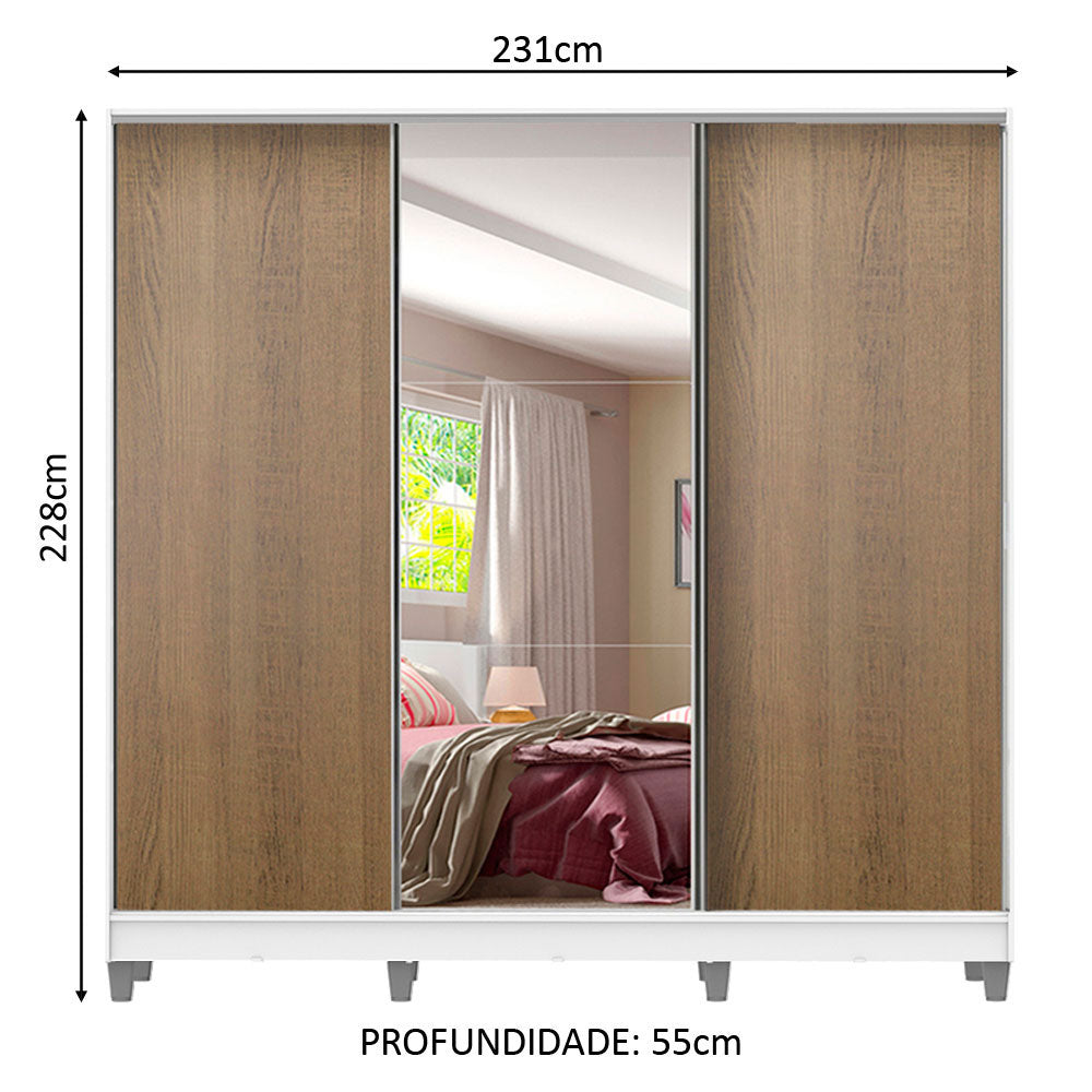Guarda-Roupa Casal 100% MDF Madesa Royale 3 Portas de Correr com Espelho com Pés Branco/Rustic