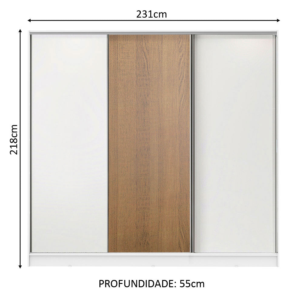 Guarda-Roupa Casal 100% MDF Madesa Royale 3 Portas de Correr Branco/Branco/Rustic