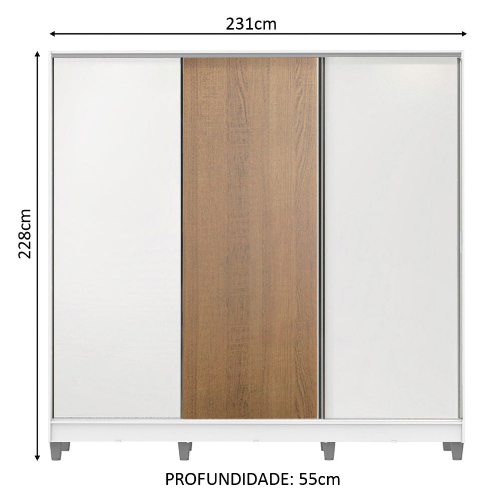 Guarda-Roupa Casal 100% MDF Madesa Royale 3 Portas de Correr com Pés Branco/Branco/Rustic