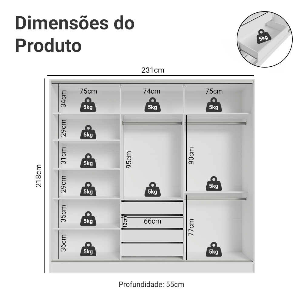 Guarda-Roupa Casal 100% MDF 3 Portas Branco Malta Madesa