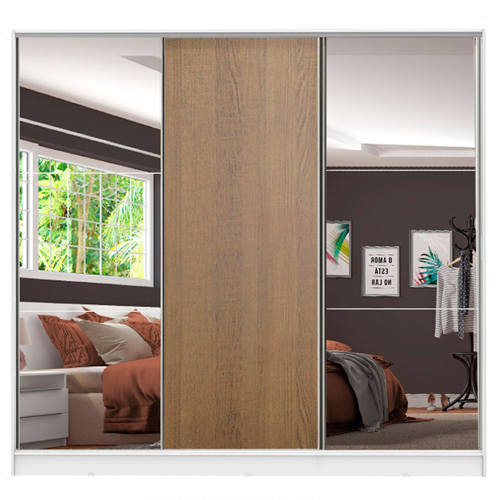 Guarda-Roupa Casal 100% MDF Madesa Royale 3 Portas de Correr com Espelhos Branco/Rustic