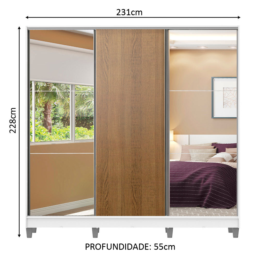 Guarda-Roupa Casal 100% MDF Madesa Royale 3 Portas de Correr com Espelhos com Pés Branco/Rustic