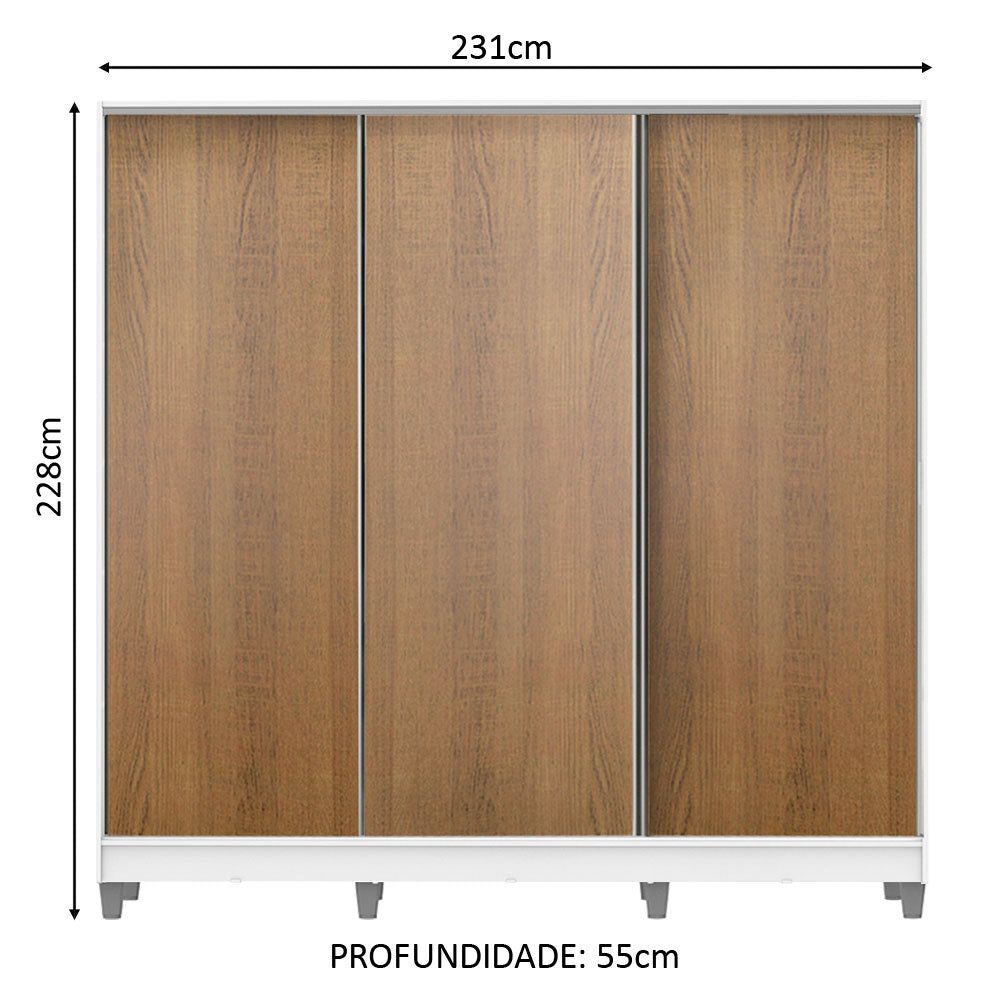 Guarda-Roupa Casal 100% MDF Madesa Royale 3 Portas de Correr com Pés Branco/Rustic