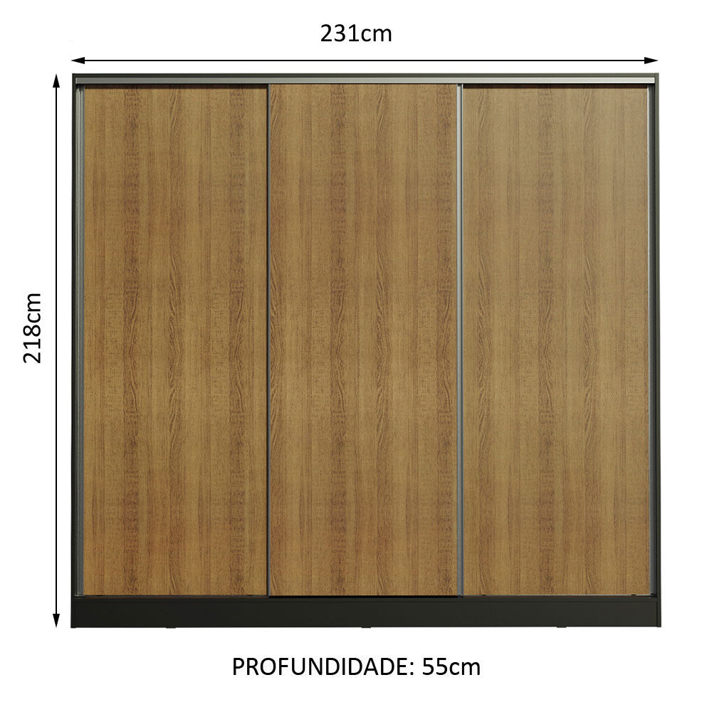Guarda-Roupa Casal 100% MDF Madesa Royale 3 Portas de Correr Preto/Rustic