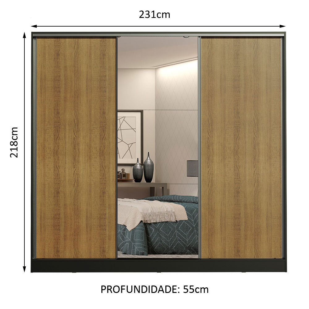 Guarda-Roupa Casal 100% MDF Madesa Royale 3 Portas de Correr com Espelho Preto/Rustic