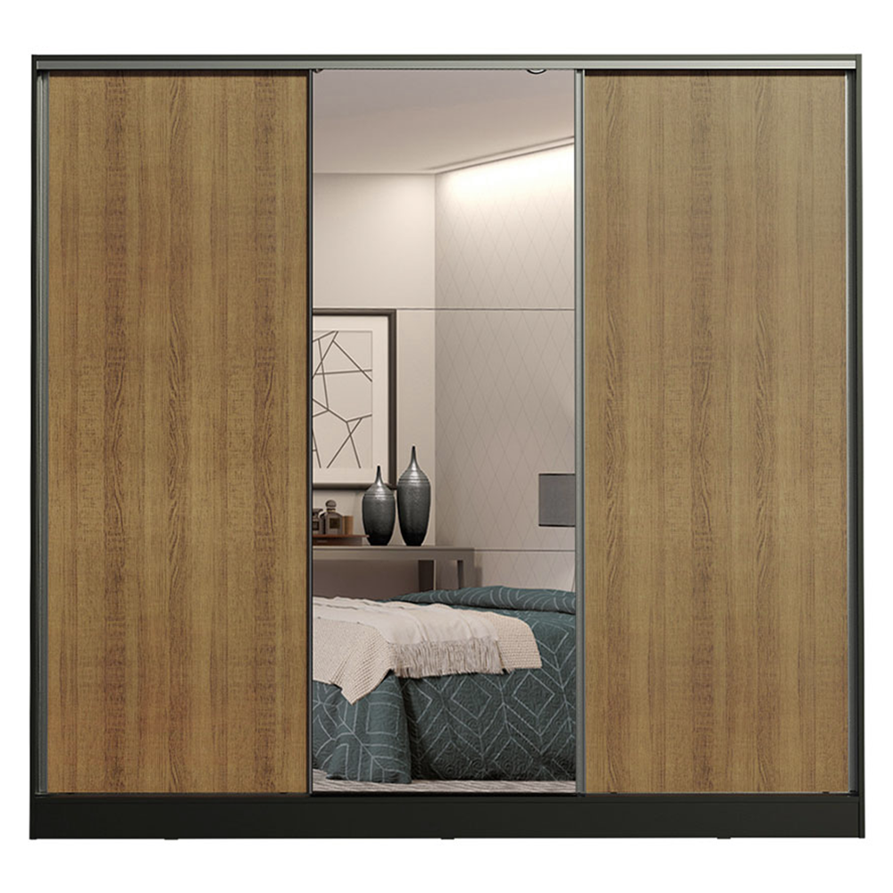 Guarda-Roupa Casal 100% MDF 3 Portas de Correr com Espelho Preto/Rustic Madesa Royale