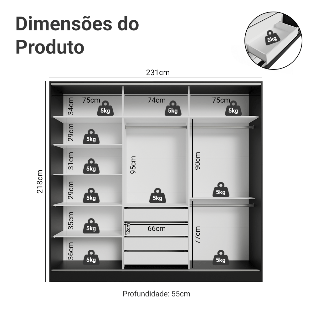 Guarda-Roupa Casal 100% MDF 3 Portas Preto Malta Madesa