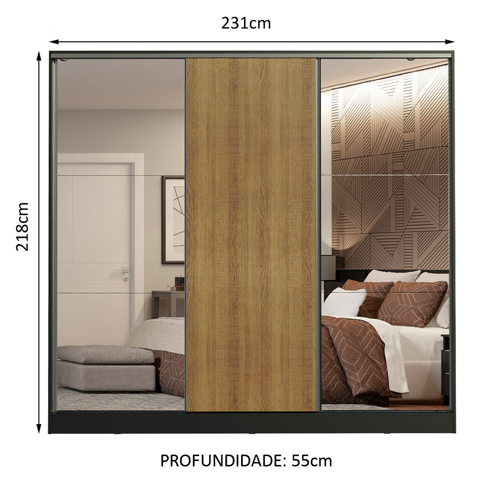 Guarda-Roupa Casal 100% MDF Madesa Royale 3 Portas de Correr com Espelhos Preto/Rustic