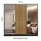 Guarda-Roupa Casal 100% MDF Madesa Royale 3 Portas de Correr com Espelhos Preto/Rustic