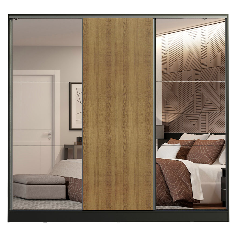 Guarda-Roupa Casal 100% MDF Madesa Royale 3 Portas de Correr com Espelhos Preto/Rustic