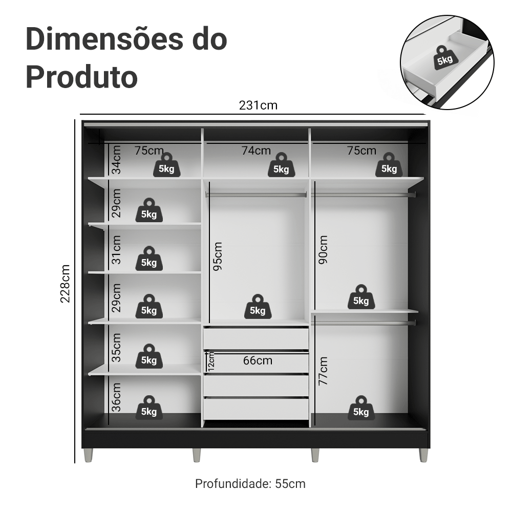Guarda-Roupa Casal 100% MDF com Pés 3 Portas Preto Malta Madesa