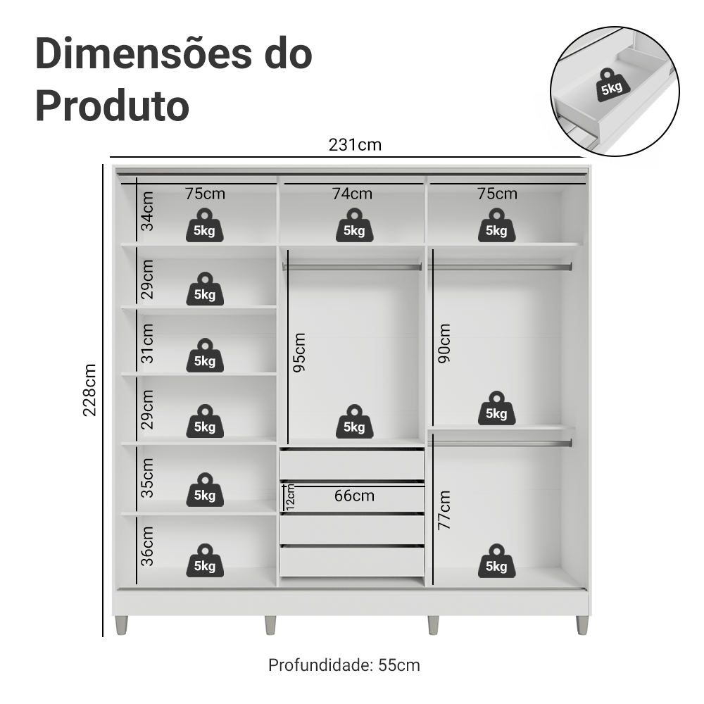 Guarda-Roupa Casal 100% MDF com Pés 3 Portas Branco/Rustic Malta Madesa