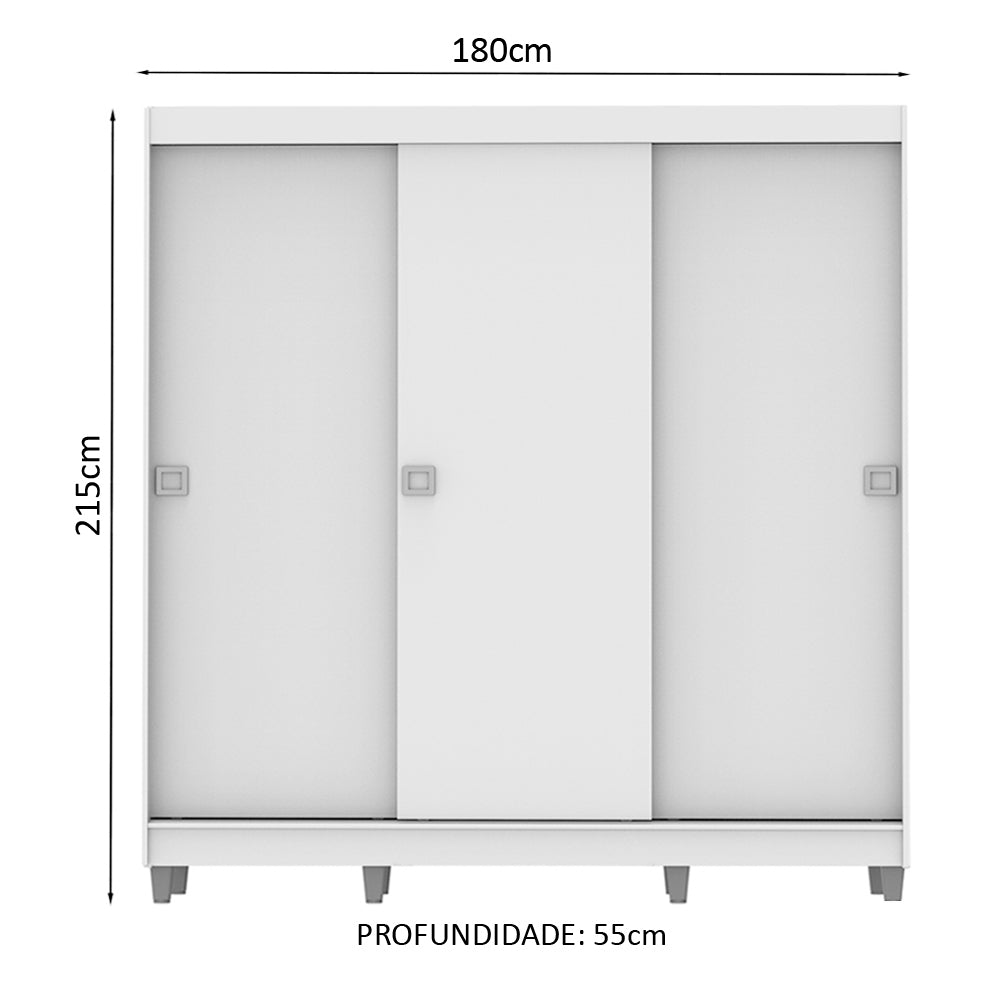 Guarda-Roupa Casal Madesa Napoli 3 Portas de Correr com Pés Branco
