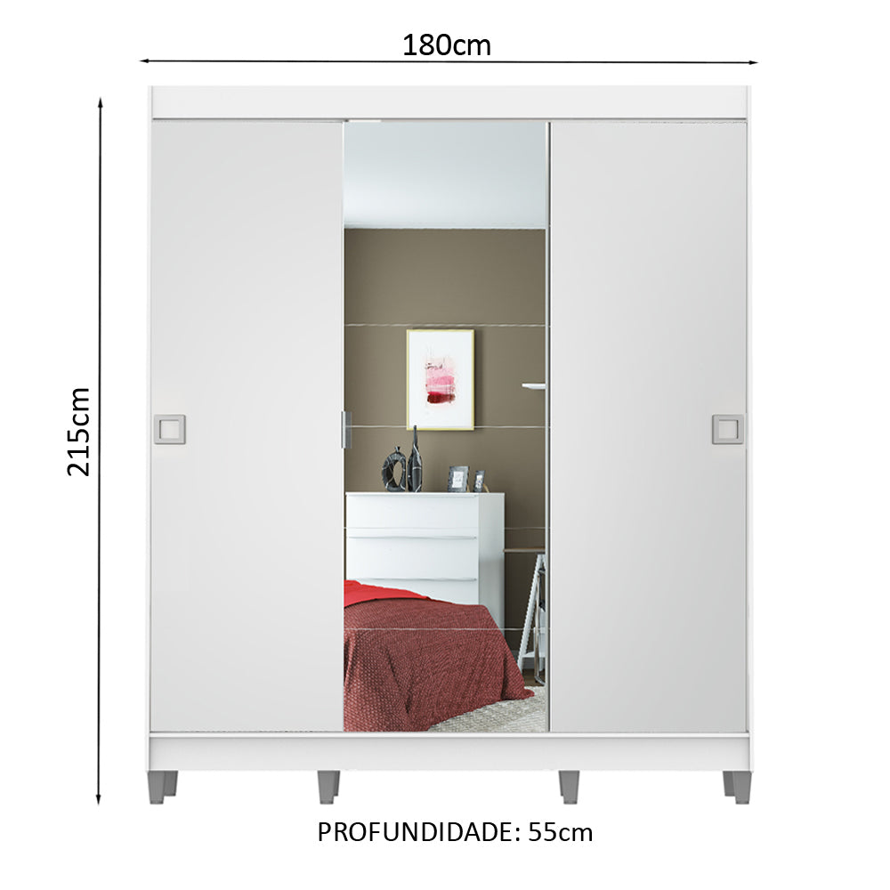 Guarda-Roupa Casal Madesa Veneza 3 Portas de Correr Central com Espelho com Pés Branco