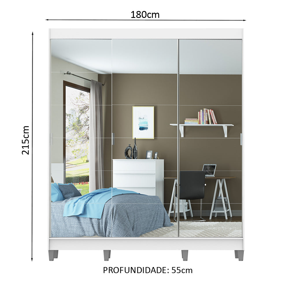 Guarda-Roupa Casal Madesa Veneza 3 Portas de Correr com Espelho com Pés Branco