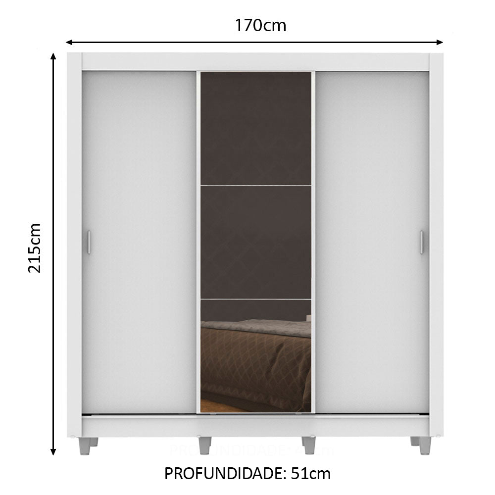 Guarda-Roupa Casal Madesa Lyon 3 Portas de Correr com Espelho 2 Gavetas com Pés Branco