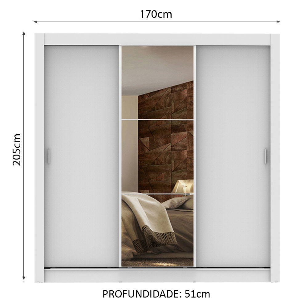 Guarda-Roupa Casal Madesa Lyon Plus 3 Portas de Correr com Espelho 4 Gavetas Branco