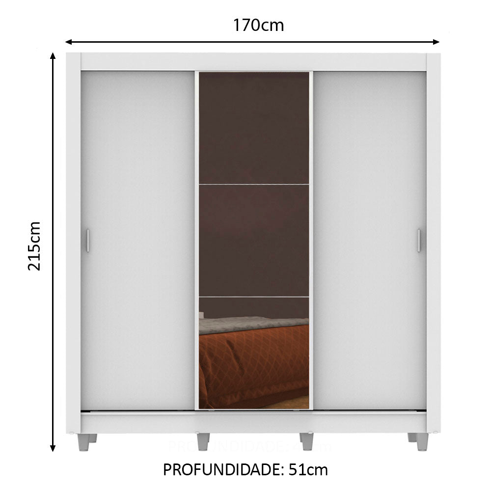 Guarda-Roupa Casal Madesa Lyon Plus 3 Portas de Correr com Espelho 4 Gavetas com Pés Branco