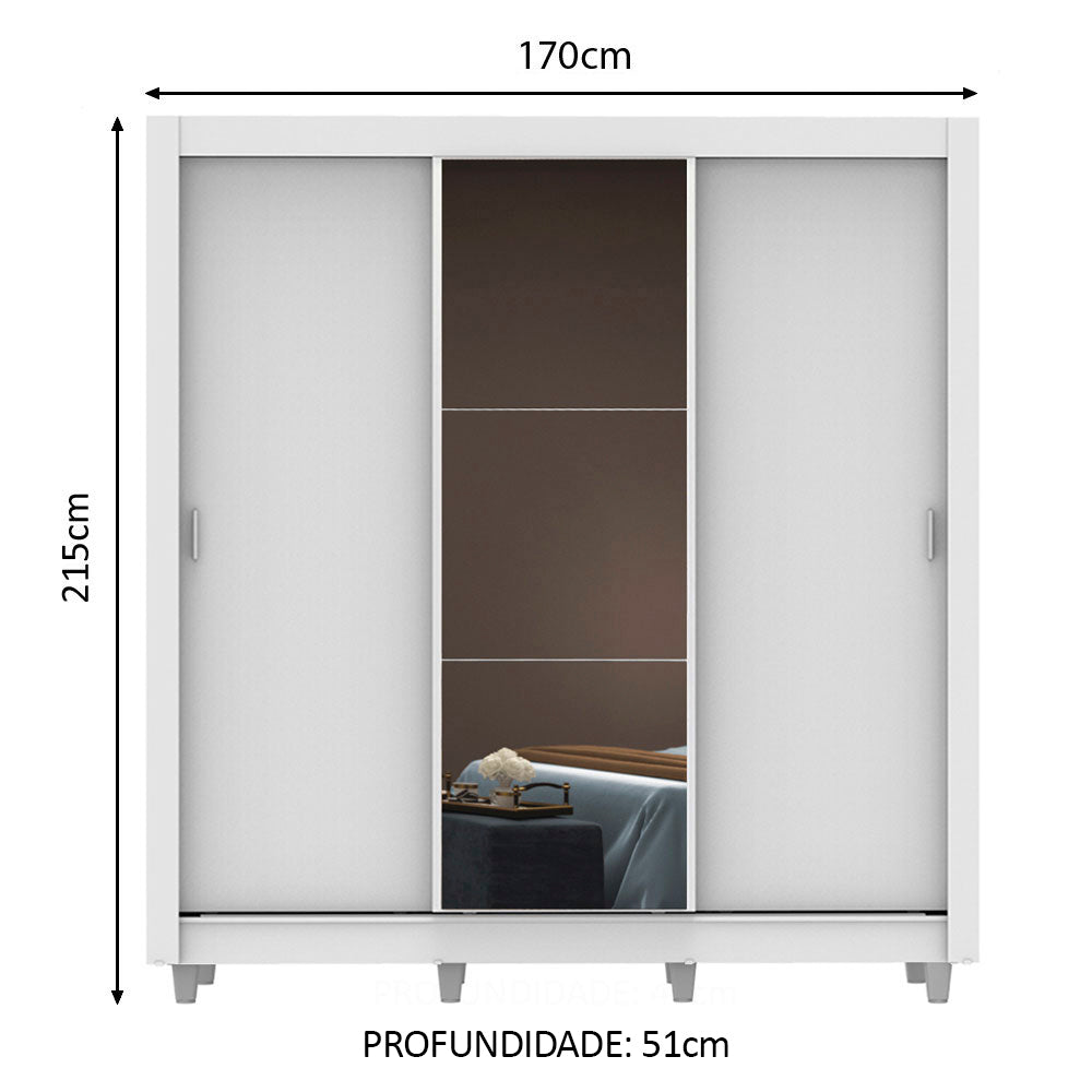 Guarda-Roupa Casal Madesa Mônaco 3 Portas de Correr com Espelho com Pés Branco