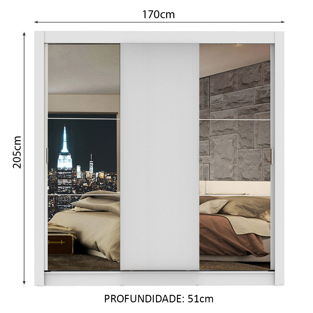 Guarda-Roupa Casal Madesa Lyon 3 Portas de Correr com Espelhos 2 Gavetas Branco