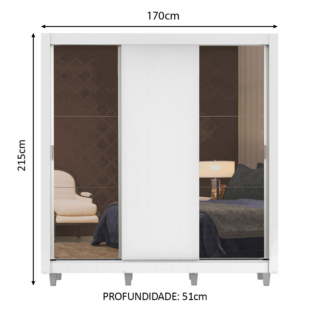 Guarda-Roupa Casal Madesa Lyon 3 Portas de Correr com Espelhos 2 Gavetas com Pés Branco