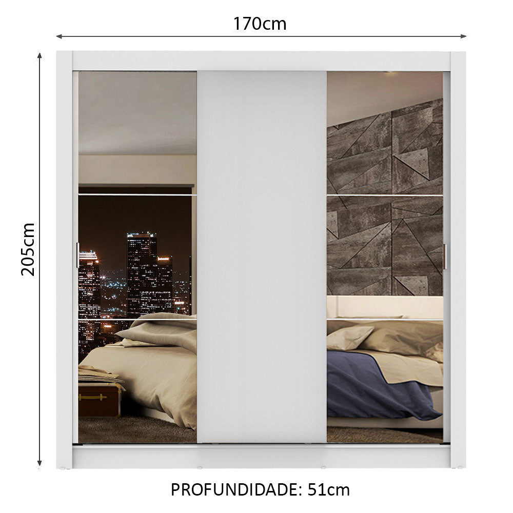 Guarda-Roupa Casal Madesa Lyon Plus 3 Portas de Correr com Espelhos 4 Gavetas Branco