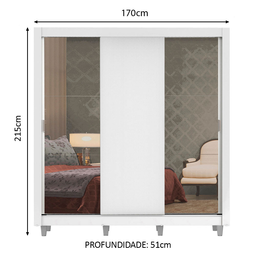 Guarda-Roupa Casal Madesa Lyon Plus 3 Portas de Correr com Espelhos 4 Gavetas com Pés Branco