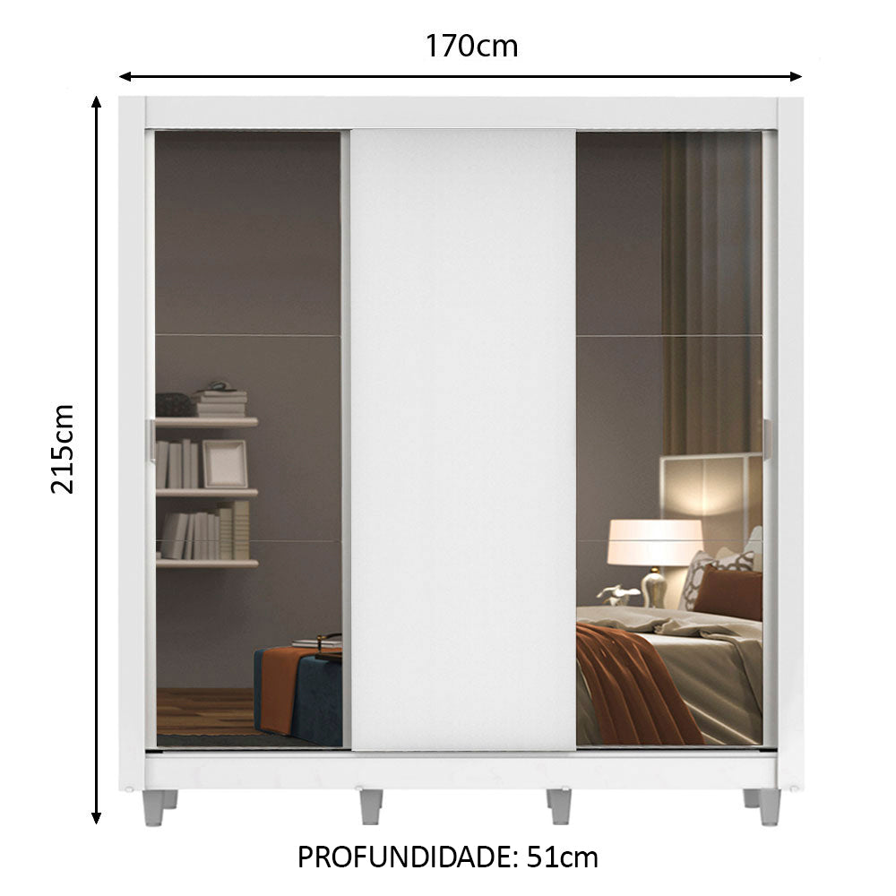 Guarda-Roupa Casal Madesa Mônaco 3 Portas de Correr com Espelhos com Pés Branco