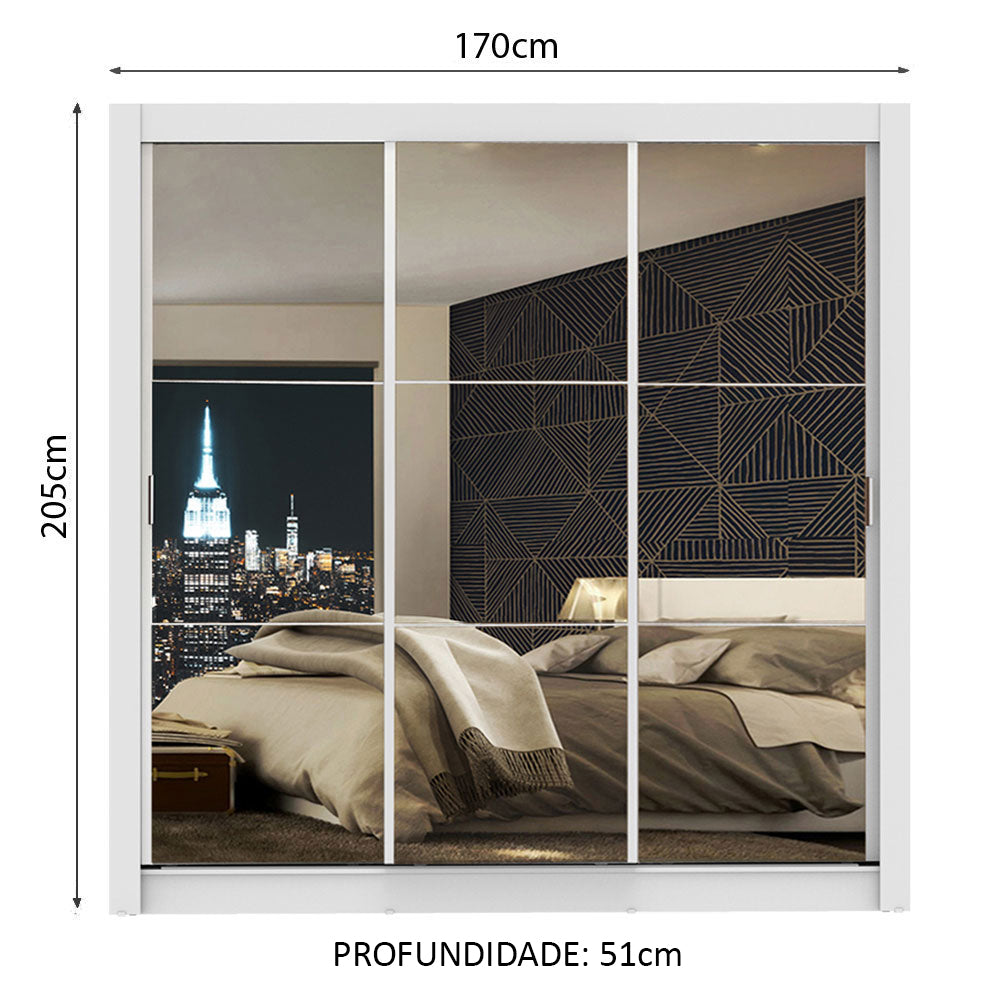 Guarda-Roupa Casal Madesa Mônaco 3 Portas de Correr de Espelho Branco