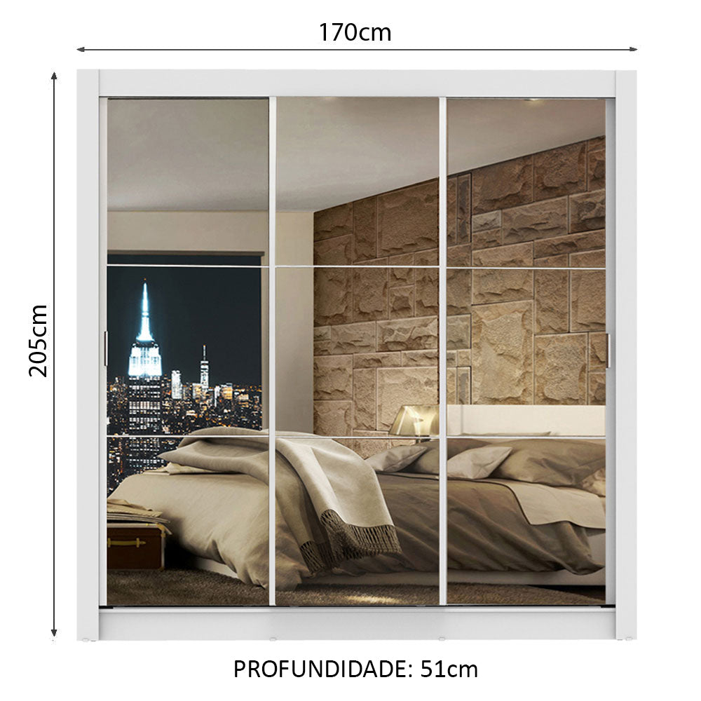 Guarda-Roupa Casal Madesa Lyon 3 Portas de Correr de Espelho 2 Gavetas Branco