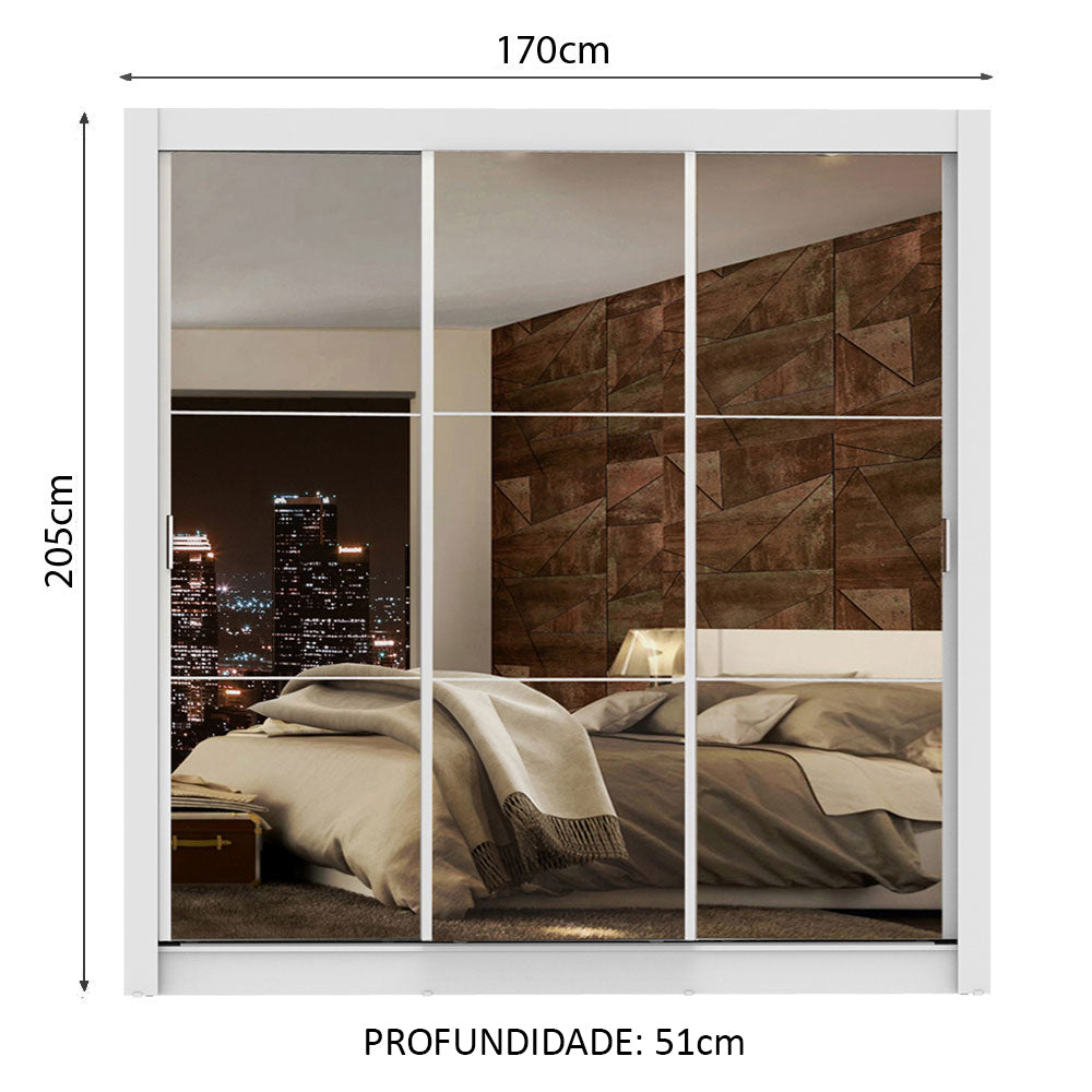 Guarda-Roupa Casal Madesa Lyon Plus 3 Portas de Correr de Espelho Branco