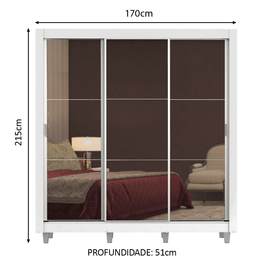Guarda-Roupa Casal Madesa Lyon Plus 3 Portas de Correr de Espelho 4 Gavetas com Pés Branco