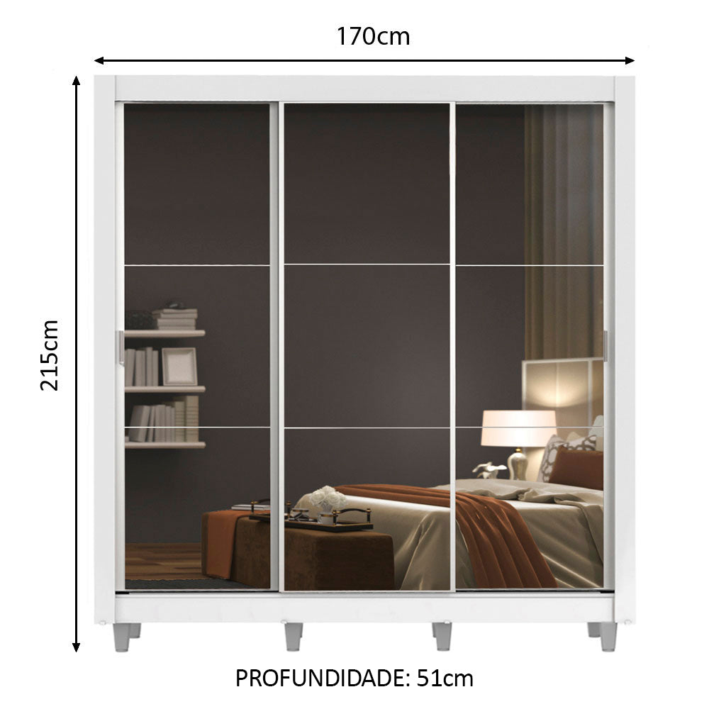 Guarda-Roupa Casal Madesa Mônaco 3 Portas de Correr de Espelho com Pés Branco