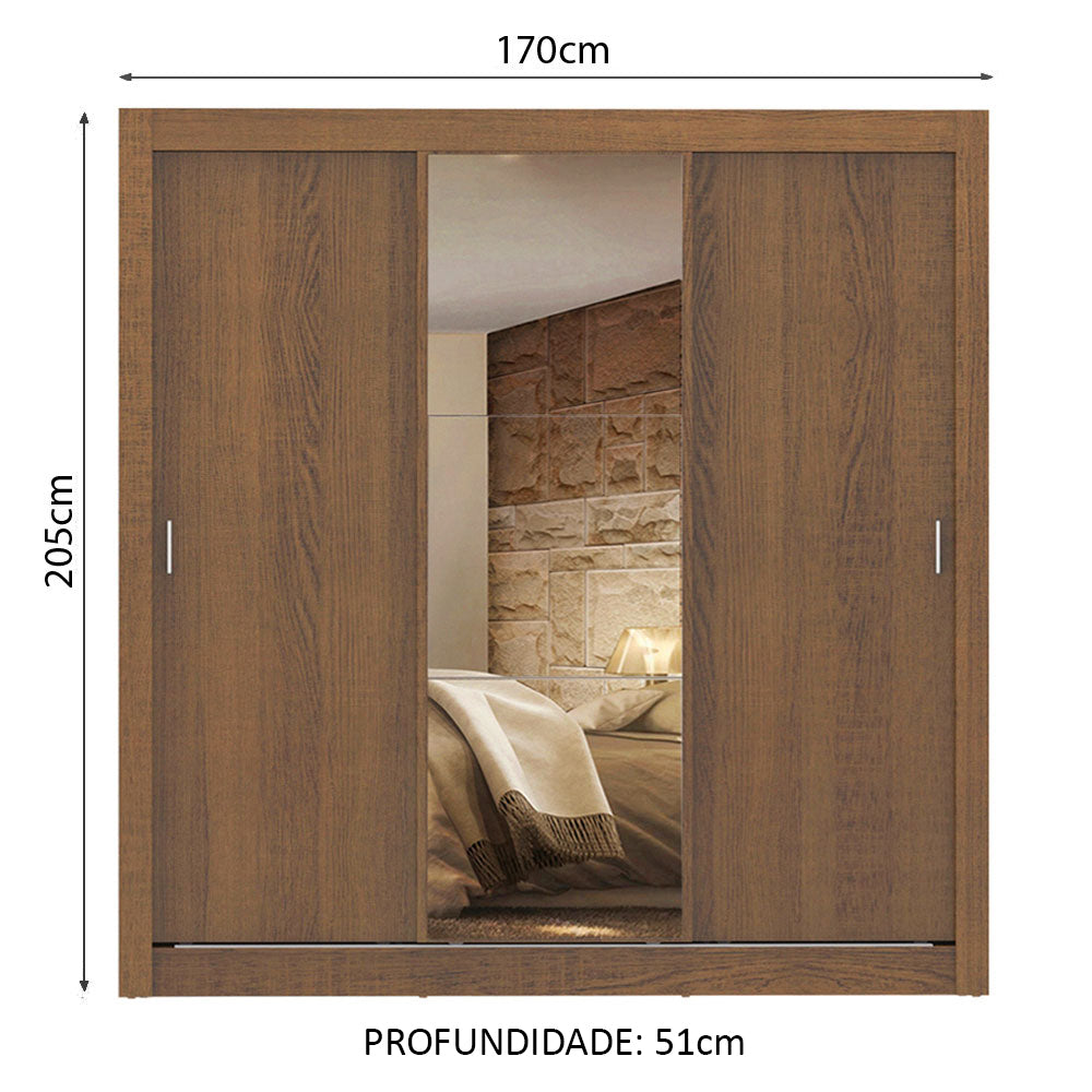 Guarda-Roupa Casal Madesa Lyon 3 Portas de Correr com Espelho 2 Gavetas Rustic
