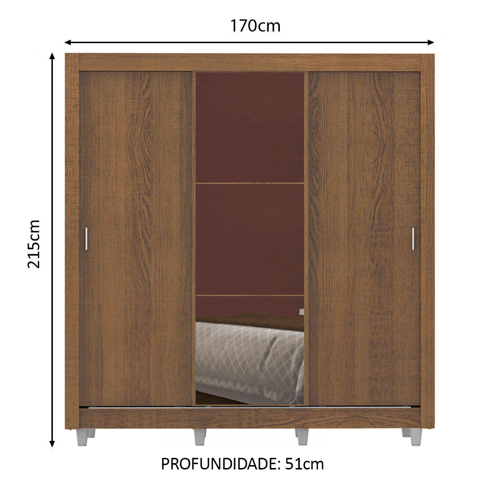 Guarda-Roupa Casal Madesa Lyon 3 Portas de Correr com Espelho 2 Gavetas com Pés Rustic