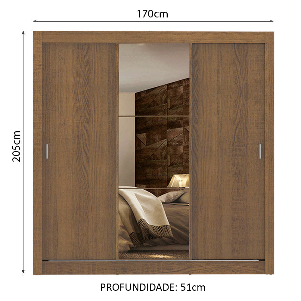 Guarda-Roupa Casal Madesa Lyon Plus 3 Portas de Correr com Espelho 4 Gavetas Rustic