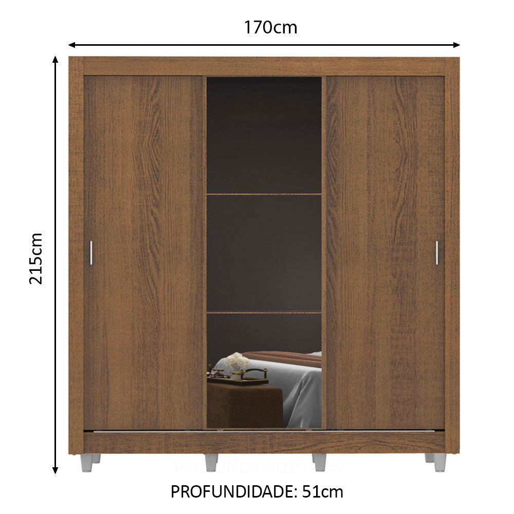 Guarda-Roupa Casal Madesa Mônaco 3 Portas de Correr com Espelho com Pés Rustic