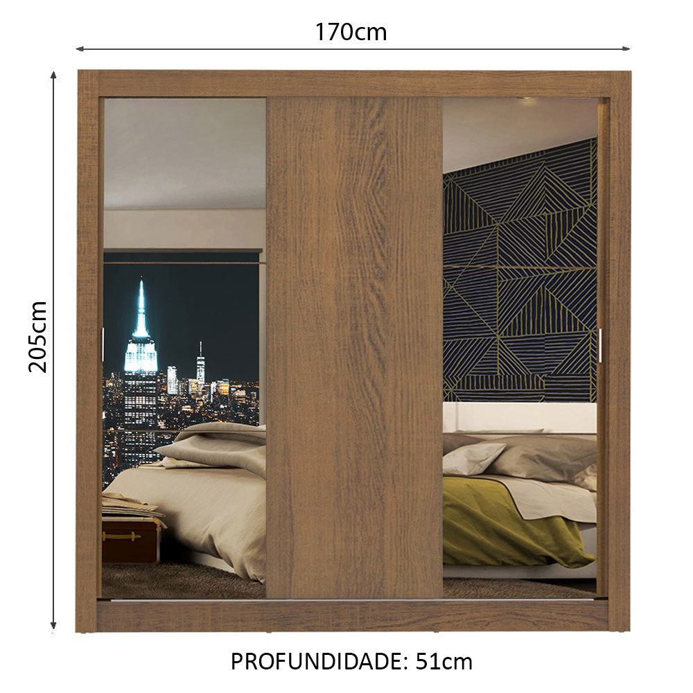 Guarda-Roupa Casal Madesa Lyon 3 Portas de Correr com Espelhos 2 Gavetas Rustic