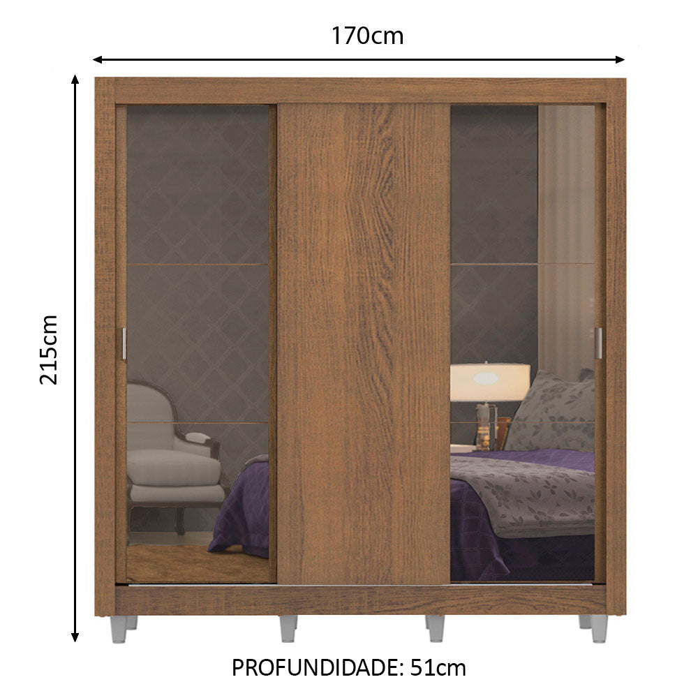 Guarda-Roupa Casal Madesa Lyon 3 Portas de Correr com Espelhos 2 Gavetas com Pés Rustic